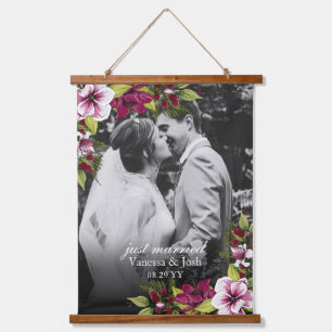 Elegant Just Married Magenta Green Floral Wedding Hanging Tapestry