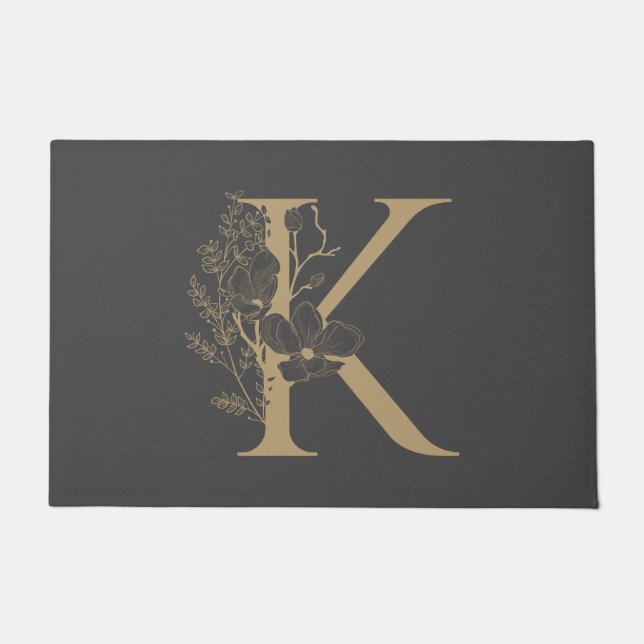 Elegant K Boho Floral Monogram Initial Grey Gold Doormat (Front)