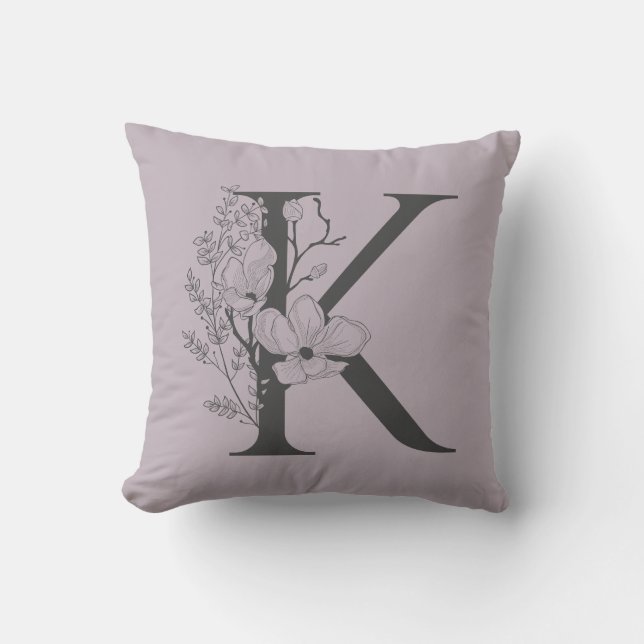 Elegant K Boho Floral Monogram Initial Lilac Grey Cushion (Front)