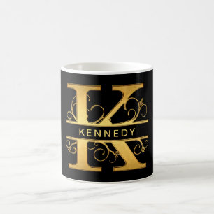 Elegant "K" Monogram Personalised Name Black Gold Coffee Mug