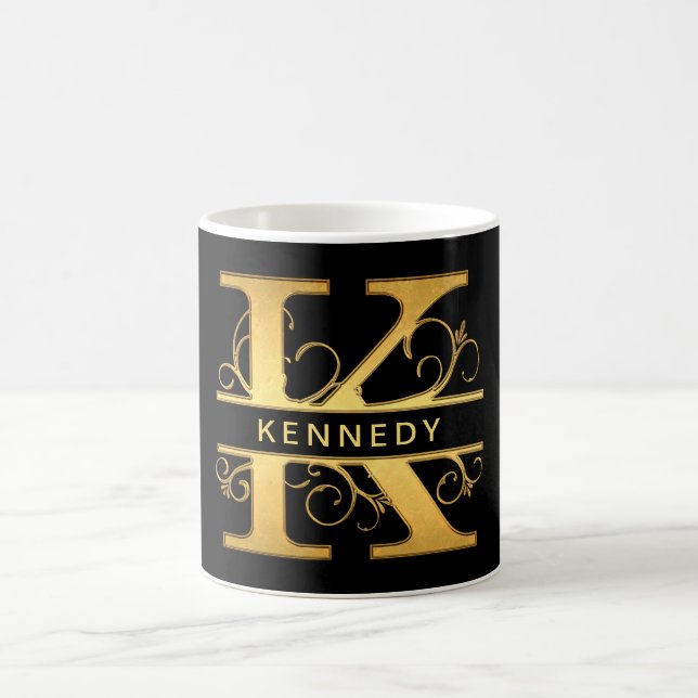 Elegant "K" Monogram Personalised Name Black Gold Coffee Mug (Center)