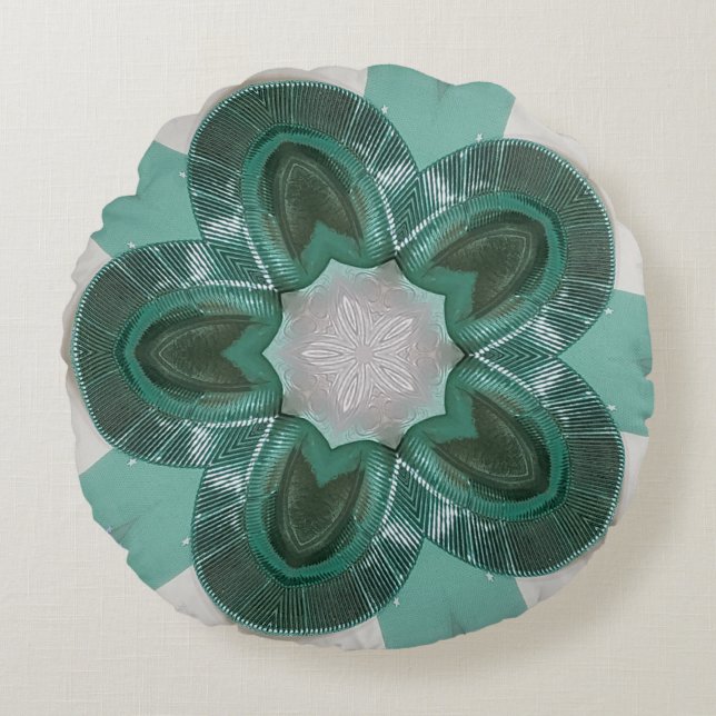 Elegant Kaleidoscope Flower Ribbon Green White Round Cushion (Front)