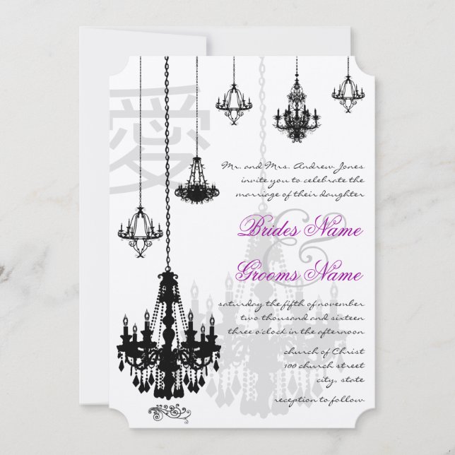 Elegant Kanji for Love Black Chandeliers Wedding  Invitation (Front)