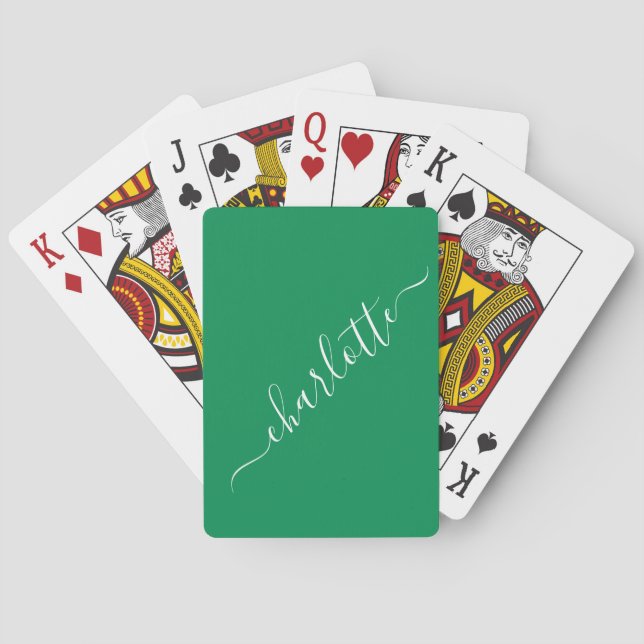 Elegant Kelly Green Script Name Personalised Playing Cards (Back)