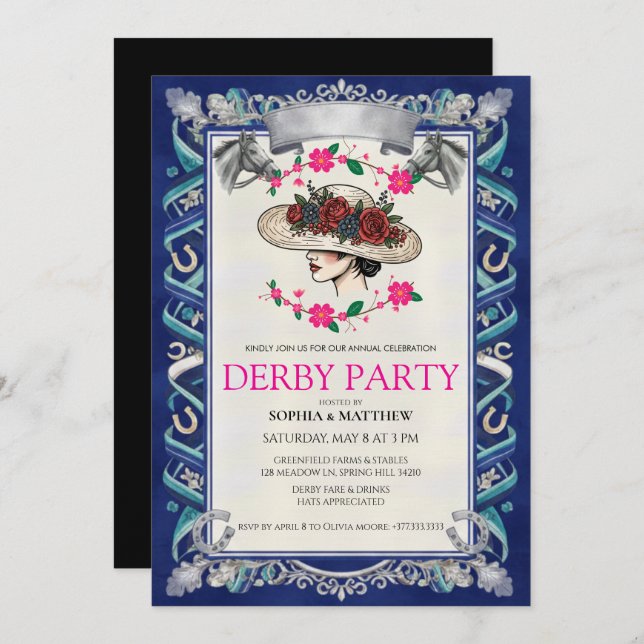 Elegant Kentucky Derby Party Floral Invitation (Front/Back)