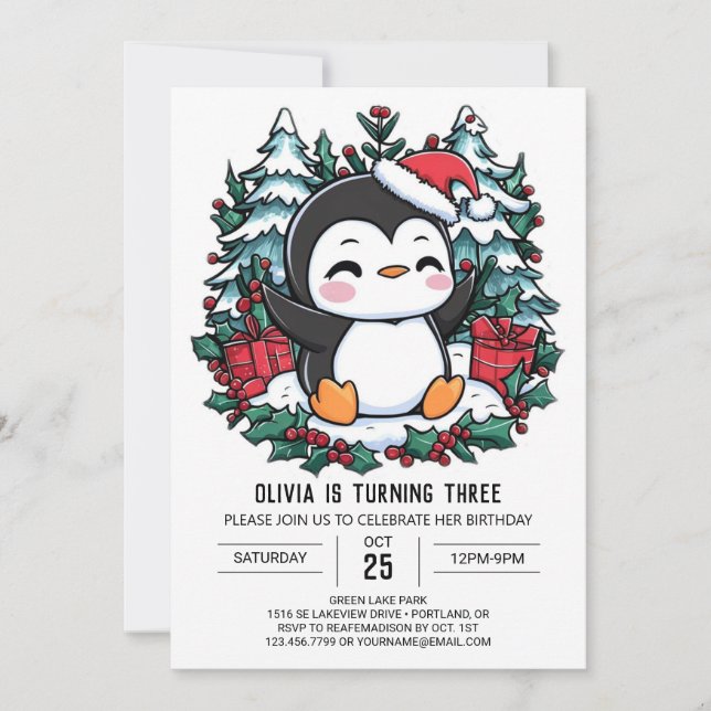 Elegant Kids Penguin Digital Birthday Invitation (Front)