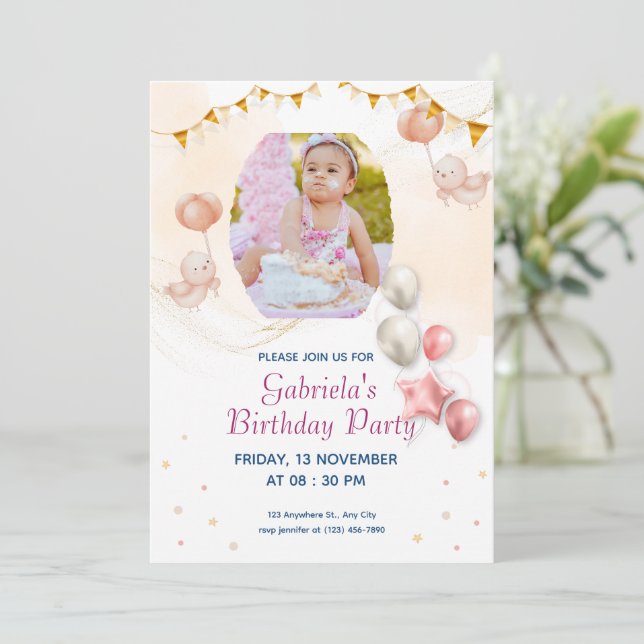 Elegant Kid's Photo Birthday  Printable Invitation (Standing Front)