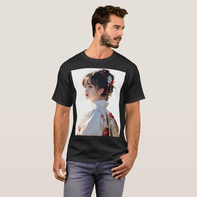 Elegant Kimono Girl Art Print – Japanese-Inspired  T-Shirt (Front Full)