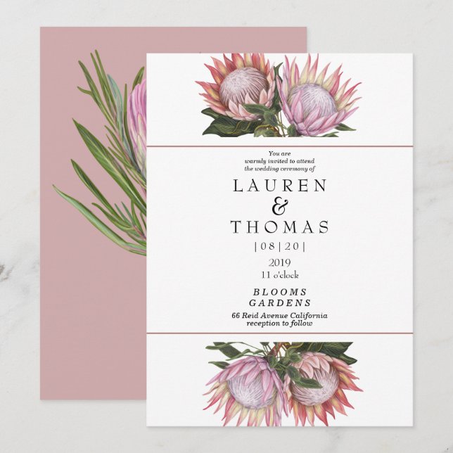 Elegant king protea flower invitation (Front/Back)