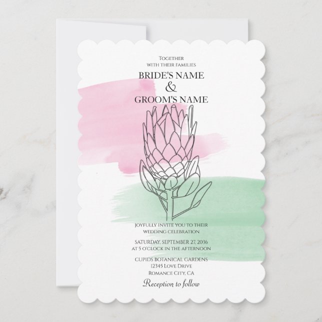 Elegant King Protea Watercolor Wedding Invitations (Front)