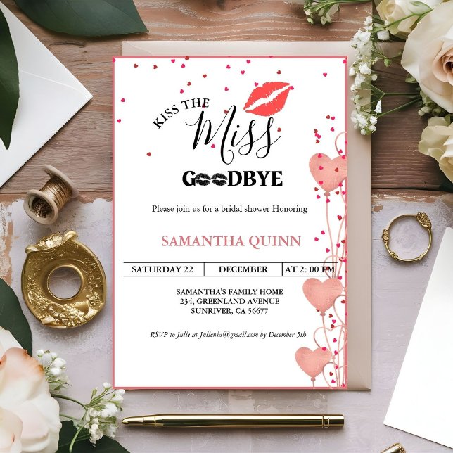 Elegant  Kiss Miss Goodbye Red Lips Bridal Shower Invitation (Creator Uploaded)