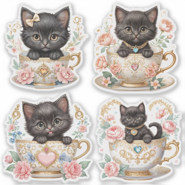 Elegant Kitten in Teacup Stickers -  Floral Design (Front)