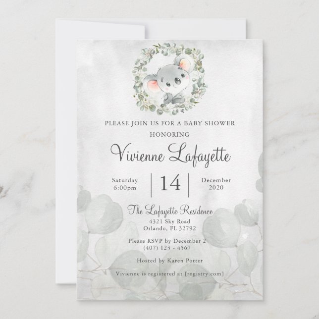Elegant Koala Eucalyptus Leaf Foliage Baby Shower Invitation (Front)