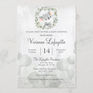 Elegant Koala Eucalyptus Leaf Foliage Baby Shower Invitation