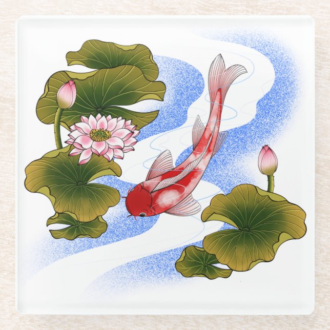 Elegant koi carp in lotus pond  glass coaster (Front)