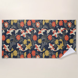 Elegant Koi Fish and Lotus Pattern Beach Towel