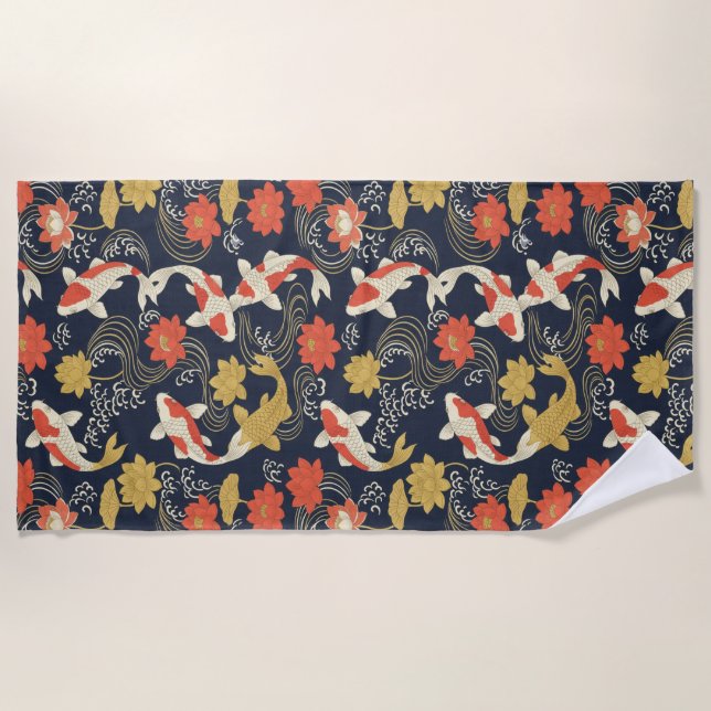 Elegant Koi Fish and Lotus Pattern Beach Towel (Front)