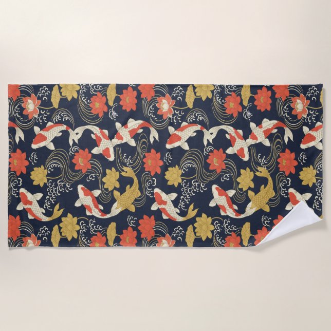 Elegant Koi Fish and Lotus Pattern Beach Towel (Front)