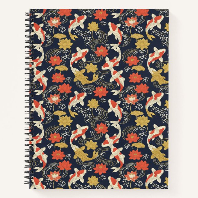 Elegant Koi Fish and Lotus Pattern Notebook (Front)
