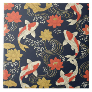 Elegant Koi Fish and Lotus Pattern Tile