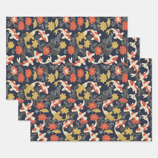 Elegant Koi Fish and Lotus Pattern Wrapping Paper Sheet (Set)