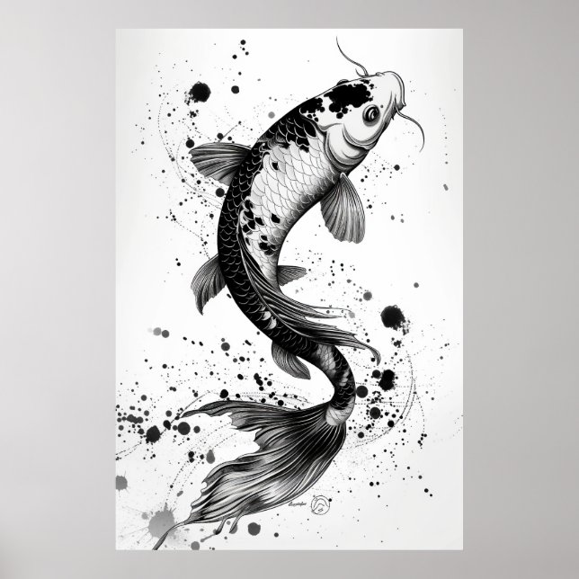 Elegant Koi Fish Pond Black Stroke Flat Illustrati Poster (Front)