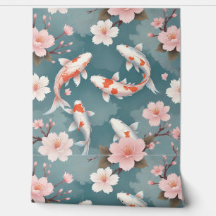 Elegant koi fish swim among cherry blossoms on tea wallpaper