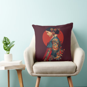 Elegant Korean Woman in Hanbok Portrait Art Canvas Cushion
