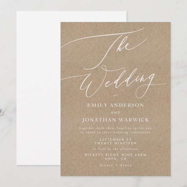Elegant Kraft Calligraphy Modern White Wedding Invitation (Front/Back)