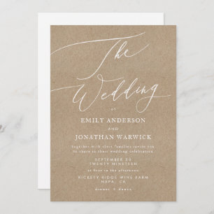 Elegant Kraft Calligraphy Modern White Wedding Invitation