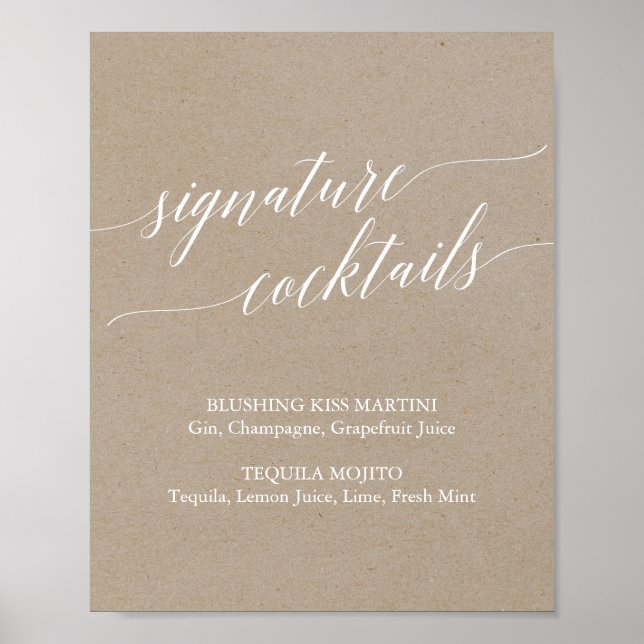Elegant Kraft Calligraphy Signature Cocktails Sign (Front)