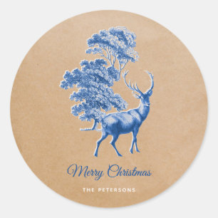 Elegant Kraft Paper Blue Deer in Forest Classic Round Sticker