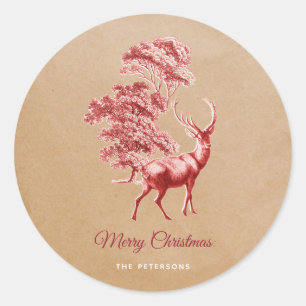 Elegant Kraft Paper Red Deer in Forest Classic Round Sticker