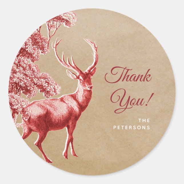 Elegant Kraft Paper Red Deer Thank You Family Name Classic Round Sticker (Front)