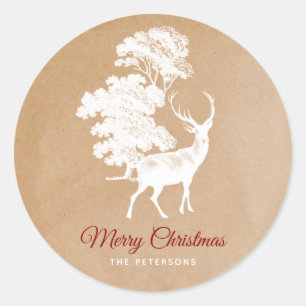 Elegant Kraft Paper White Deer in Forest  Classic Round Sticker
