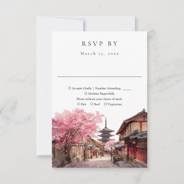 Elegant Kyoto Japan Watercolor Wedding RSVP Card (Front)
