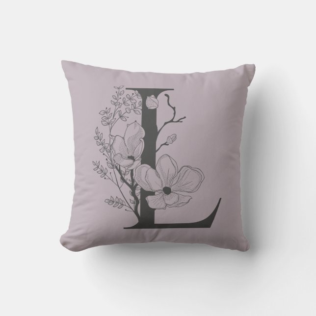 Elegant L Boho Floral Monogram Initial Lilac Grey Cushion (Front)
