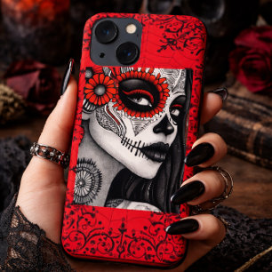 Elegant La Catrina Skull Art – Black, White & Red iPhone 13 Case