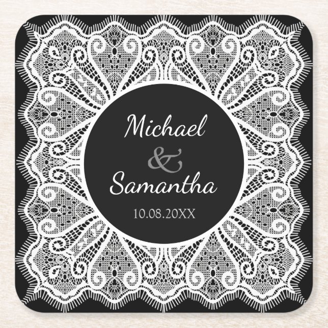 Elegant Lace and Black Custom Wedding Square Paper Coaster (Front)