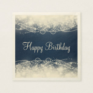 Elegant Lace and Pearls on Blue Happy Birthday Napkin