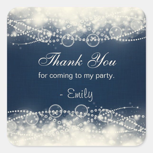 Elegant Lace and Pearls on Dark Blue Thank You Square Sticker (Front)