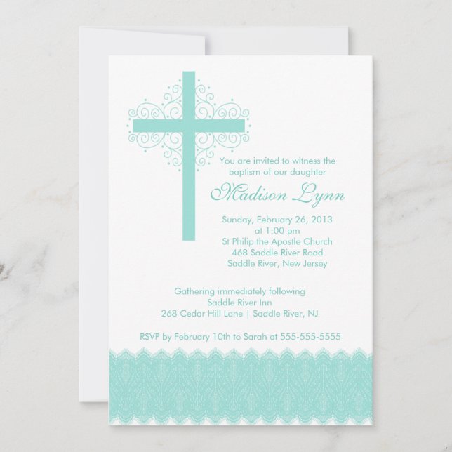 Elegant Lace Baptism | Christening Cross Invitation (Front)