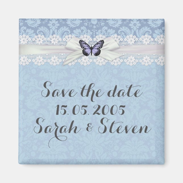 Elegant Lace Blue Butterfly Damask Save the date Magnet (Front)