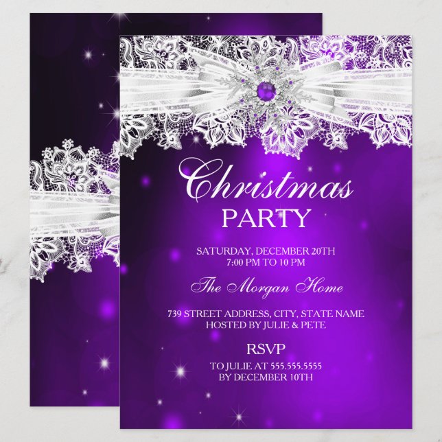 Elegant Lace Bow Purple Christmas Holiday Party Invitation (Front/Back)