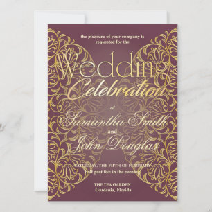 Elegant Lace Burgundy & Gold Modern Minimalist Invitation