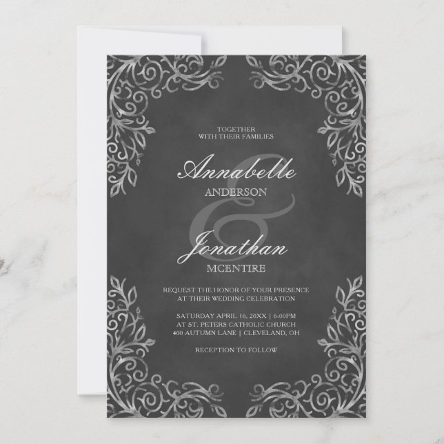 Elegant Lace Chalkboard Scroll Wedding Invitation (Front)