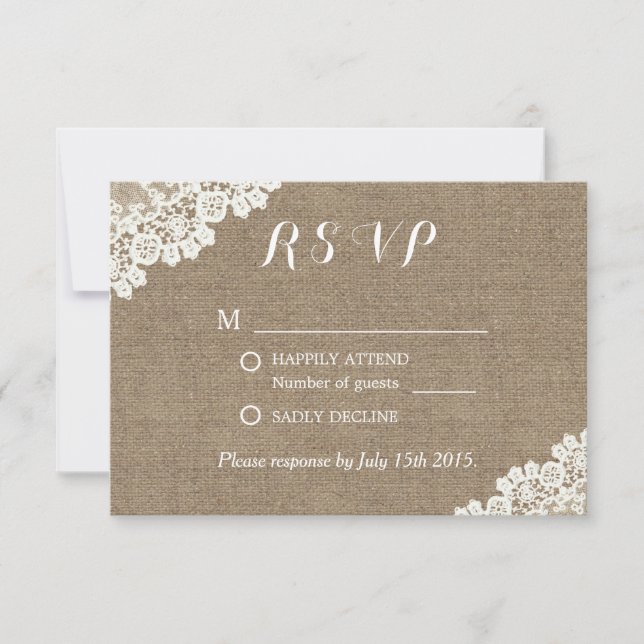 Elegant Lace Corner Burlap Wedding RSVP (Front)