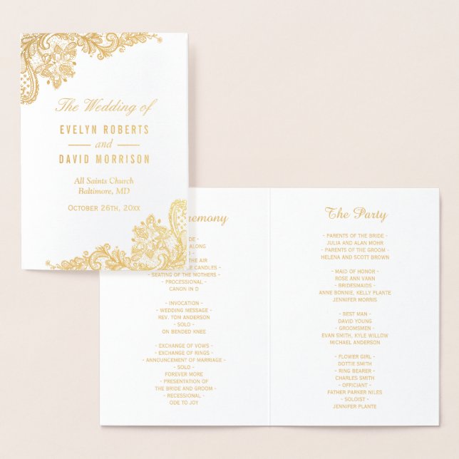 Elegant Lace Floral Real Gold Foil Wedding Program (Display)