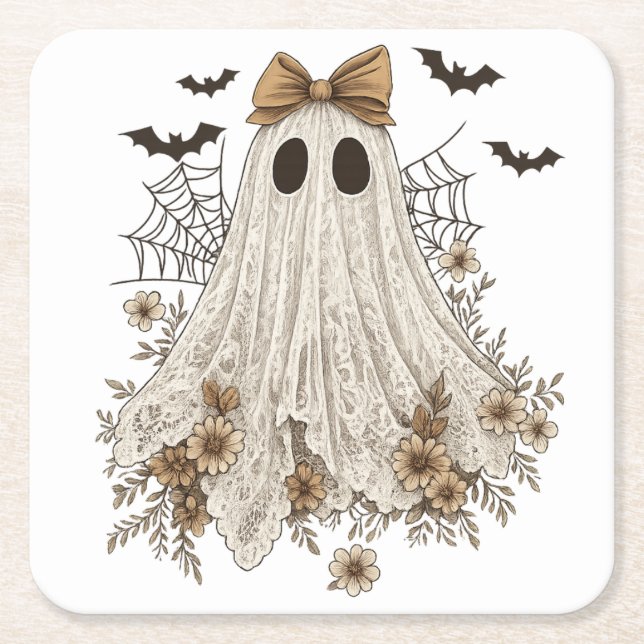 Elegant Lace Ghost with Bow | Floral Ghost  Square Paper Coaster (Front)