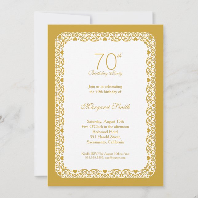 Elegant lace golden 70th birthday party Invitation (Front)